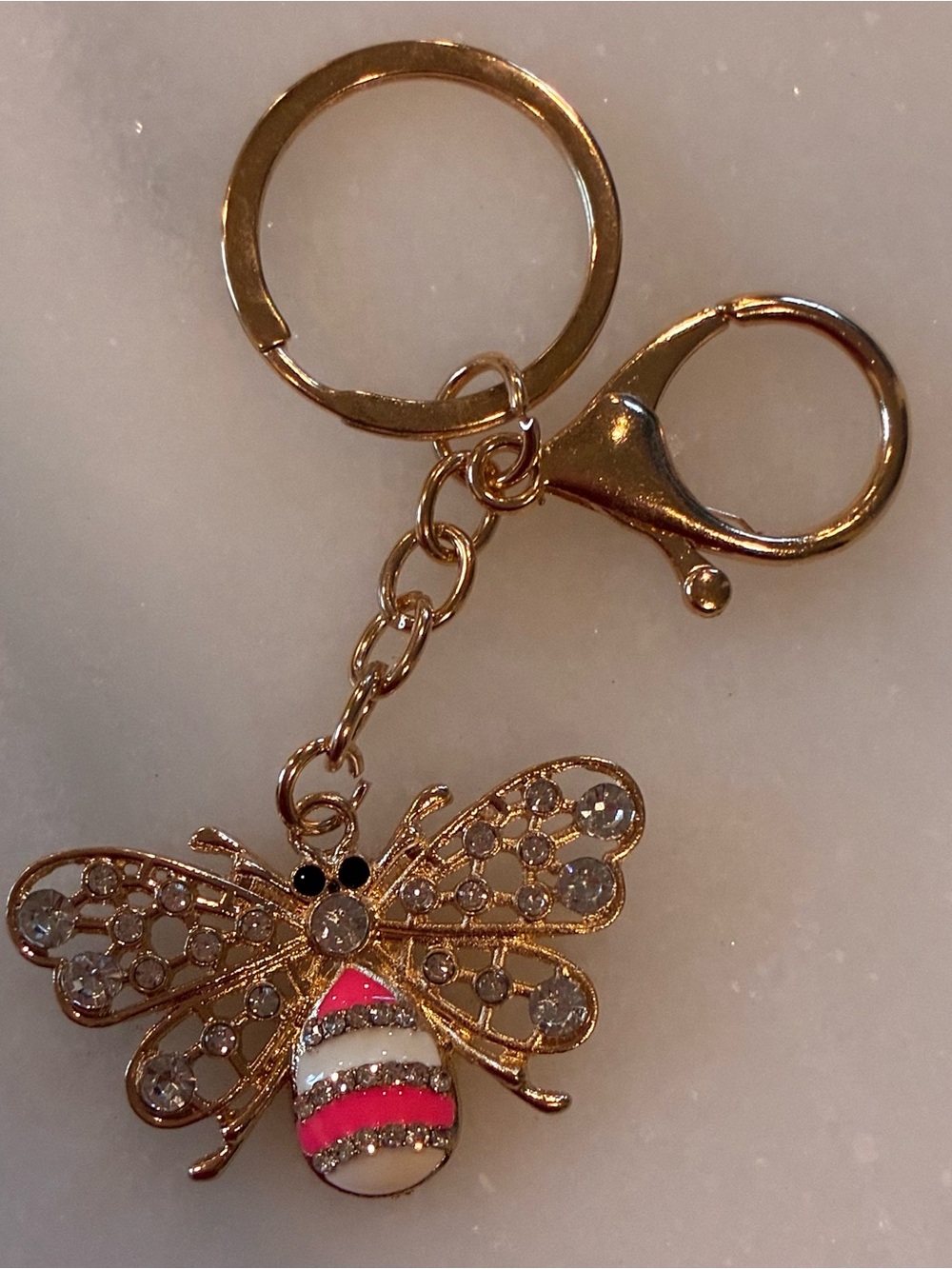 Gold Bee Keychain with Pink & White Enamel rhinestones bag charm back pack